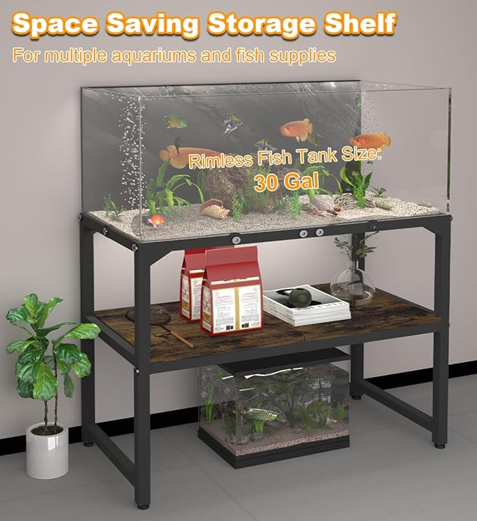 30 Gallon Rimless Fish Tank Stand with Shelf for Storage, 2 Tiers Metal Aquarium Stand, Breeder Tank Turtle Reptile Terrariums Stand Rack for Home Office, 30" L x 12" W x 20.5" H, Black Mondazie
