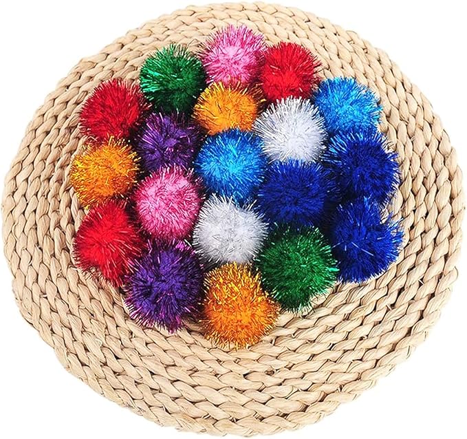 1.8 Inch Assorted Color Flash Ball Cat's Favorite Toy Ball Tinsel Pom Poms Flash for Kittens Exercise and Multiple Cats Play and Chase, 100Pcs - PAWPICO