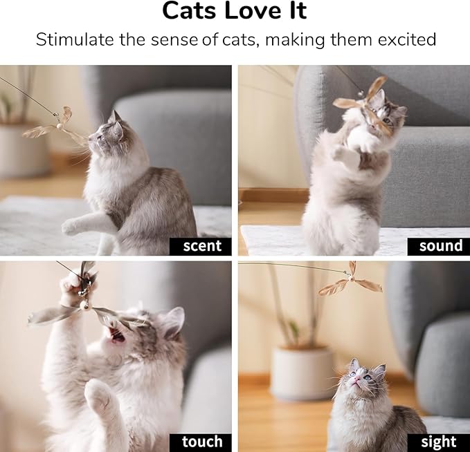 FUKUMARU Cat Wand Toy, 35.5 Inch Cat Feather Propeller Toy with Bell, Steel Wire Cat Toy for Indoor Cats with Natural Feather - PAWPICO