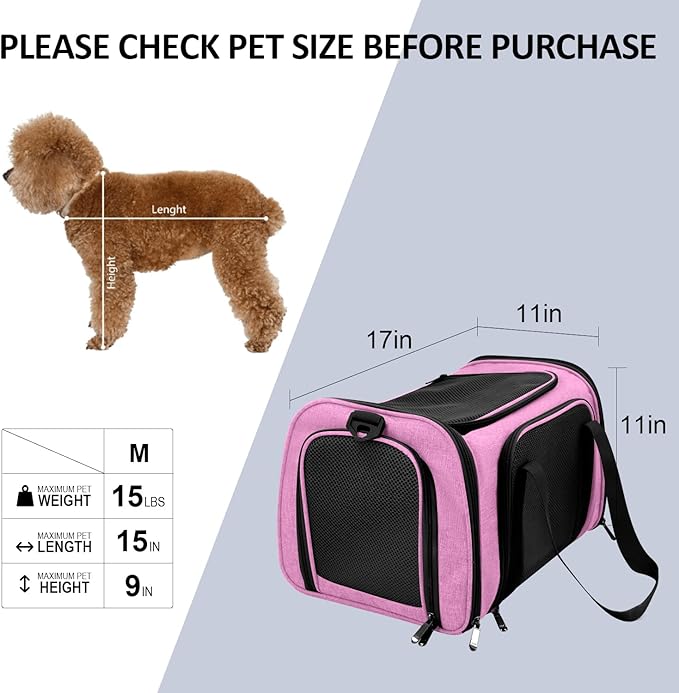 Henkelion Pet Carrier for Small Medium Cats Dogs Puppies up to 15 Lbs, TSA Airline Approved, Soft Sided, Collapsible Travel - Pink - PAWPICO
