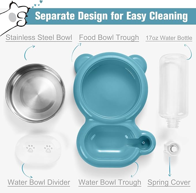 Dog Bowls, Cat Food and Water Bowl Set with Water Dispenser and Stainless Steel Bowl for Cats and Small Dogs - Blue - PAWPICO