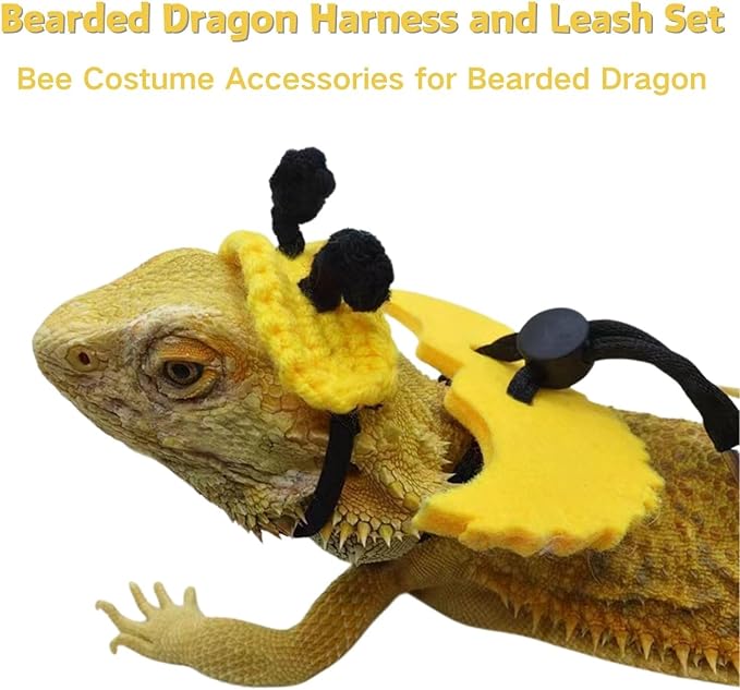 Bearded Dragon Harness and Leash Set - Adjustable Lizard Traction Rope with Wings Knitted Bee Hat Outdoor Walking Leash Escape Proof Reptile Bee Costume Accessories for Lizard Small Pets (Yellow) SEZDEKI