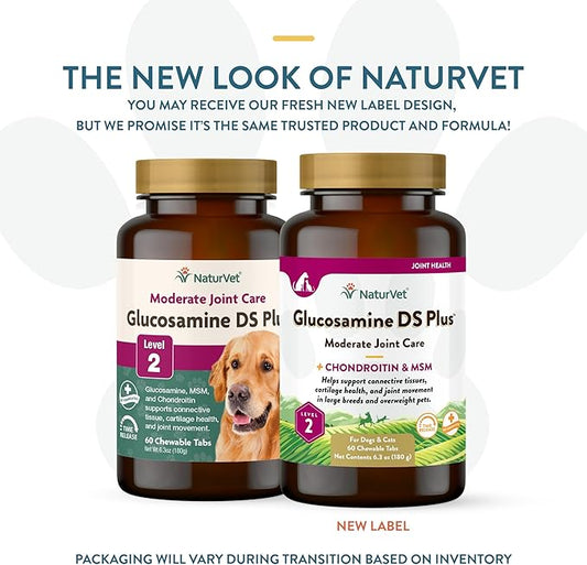 NaturVet Glucosamine DS Plus Level 2 Moderate Care Joint Support Supplement for Dogs and Cats, Chewable Tablets Time Release, Made in The USA, 60 Count NaturVet