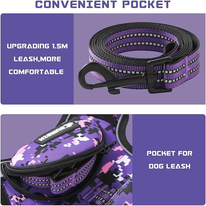 No Pull Dog Harness for Large Dogs, Adjustable No Choke Pet Vest with Dog Leash Fit Smart Reflective Pet Walking Harness for Training Easy Control Soft Handle Purple Camo L BUMBIN