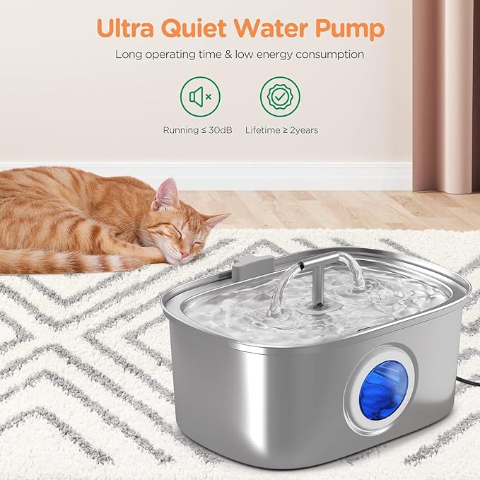 Cat Water Fountain Stainless Steel: 108oz/3.2L Automatic Pet Water Fountain Dog Water Dispenser with Water Level Window - for Cats Inside - PAWPICO