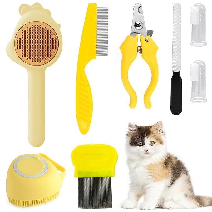VCZONE 8 Pcs Cat Brush Grooming Kits, Pet Self Cleaning Kit with Pet Nail Clipper and File, Flea Comb, Pet Shampoo Bath Brush, Pet Shedding Brush, Silicone Toothbrush (Yellow) - PAWPICO