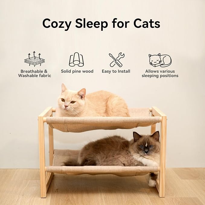 2 Tier Cat Hammock Bed, Elevated Wooden Pet Bunk Beds for Indoor Cats, Double Wooden Cat Bed, Solid Wood Raised Hanging Bed for 1 or 2 Cats Breathable Washable Covers - PAWPICO