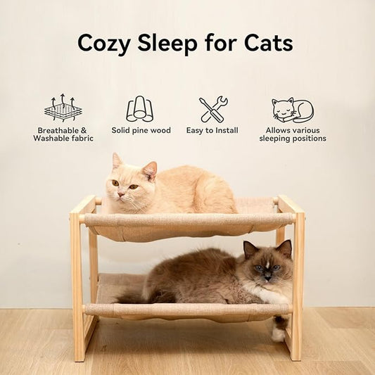 2 Tier Cat Hammock Bed, Elevated Wooden Pet Bunk Beds for Indoor Cats, Double Wooden Cat Bed, Solid Wood Raised Hanging Bed for 1 or 2 Cats Breathable Washable Covers - PAWPICO