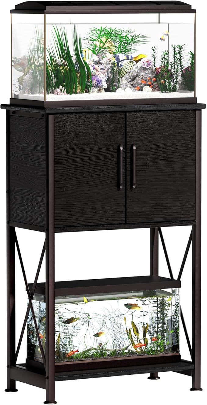 5-10 Gallon Fish Tank Stand, Metal Double Aquarium Stand with Cabinet for Fish Tank Accessories Storage, Heavy Duty 20.5" L* 11.02" W Tabletop, 500LBS Capacity Black PG06YGB Herture