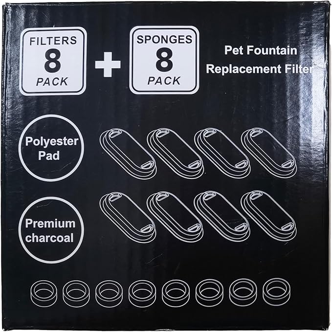 Pet Fountain Filter Replacement: 16 Cat Water Fountain Filters Replacement - 8 Pieces Filters + 8 Pieces Sponges for Pet Water Fountain - Cat Filters for Cat Water Fountain H1 (67oz/2L) - PAWPICO