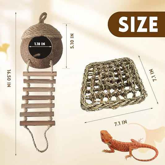 Lizard Coco Den with Ladder,Leopard Gecko Coconut Husk Hut Hideout Home Reptile Hammock Climbing Hanging Plants Decor Habitat Tank Accessories for Bearded Dragon Chameleon Snake Hermit Crab MUYG