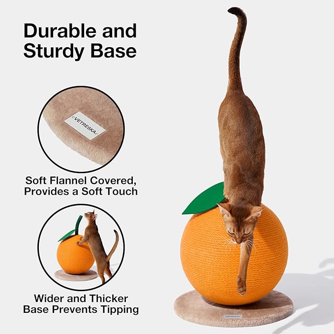 VETRESKA Orange Cat Scratching Post, Cute Cat Scratcher with Sisal Rope, Vertical Cat Scratch Post for Indoor Cat and Kitten, Cat Scratching Ball - PAWPICO