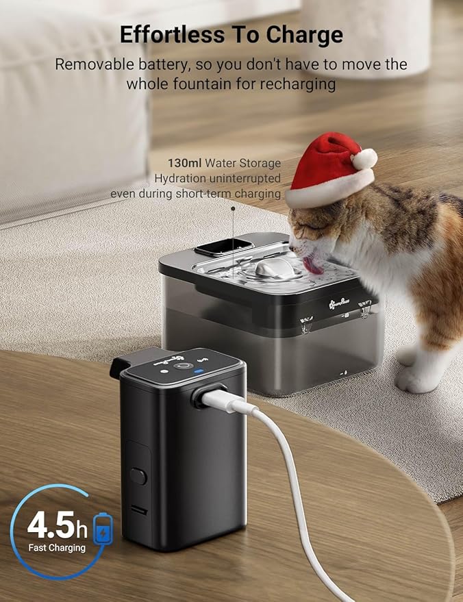 DownyPaws Battery Operated Cat Water Fountain Stainless Steel, 84oz/2.5L Fursink Wireless Pet Water Fountain for Cats Inside, Automatic Cat Waterer Fountain with Faucet, Quiet Pump, BPA-Free, Black - PAWPICO