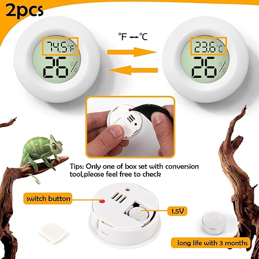 2 PCS White Reptile Thermometer and Humidity Gauge for Bearded Dragon Tank Accessories, Reptile Tank Accessories for Jumping Spider, Leopard Gecko, Hermit Crab, Gecko, Ball Python, Lizard BSRESIN