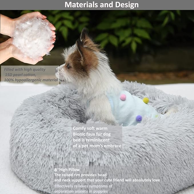 Orthopedic Dog Bed Small,Puppy Bed Washable,23 inches Donut Fluffy Small Pet Beds,Calming Anti Anxiety Round Fits up to 25 lbs Soft Warm Pets Beds for Puppies Indoor,Grey - PAWPICO