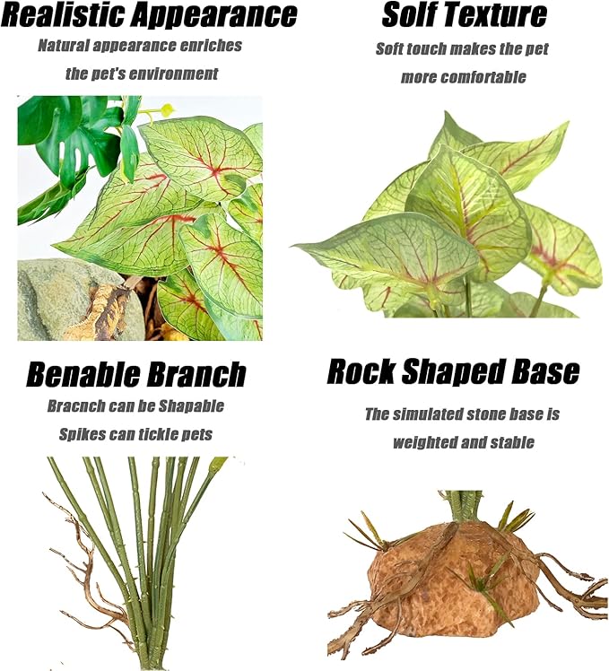 Woyrise Reptile Artificial Plants for Terrarium Decor, Amphibian Habitat Decorations Bearded Dragon Tank Accessories fit Crested Gecko Leopard Lizard Chameleon Ball Python Snake Frog - Fake Caladium Woyrise