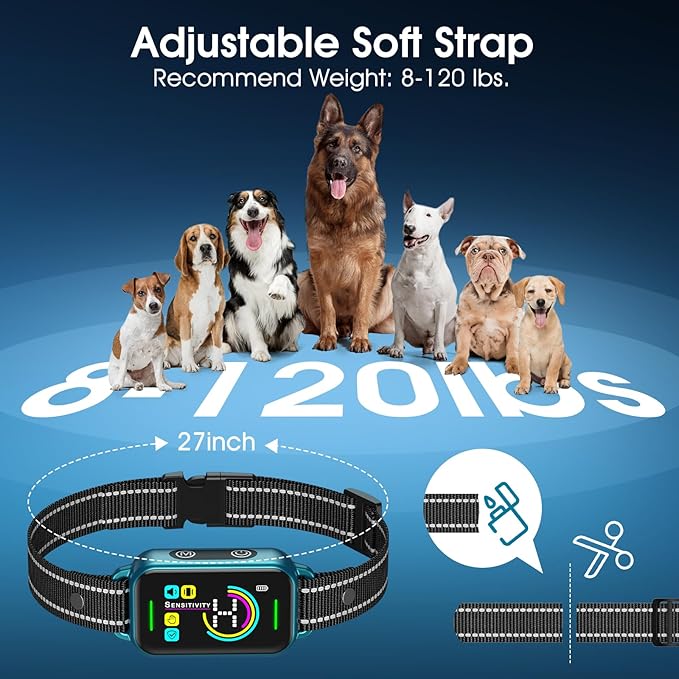 DINJOO Bark Collar, Dog Bark Collar for Large Medium Small Dogs,Smart Bark Collar,Rechargeable Anti Barking Training Collar with 8 Adjustable Sensitivity,Bark Collar with Beep (Blue) - PAWPICO