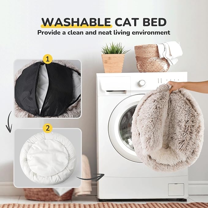 CATISM Cat Bed, Plush Hooded Cat Beds for Indoor Cats, Calming Cat Nest, Self Warming Cat Bed Cave, Cozy Cat Pod for Indoor Cat or Small Dog, Removable Washable Cat Cove with Non-Slip Bottom - PAWPICO