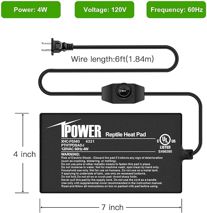 iPower 4 by 7 Inch Reptile Heating Pad with Temperature Adjustable Controller Knob, Under Tank Warmer Terrarium Heat Mat for Reptiles and Amphibians iPower