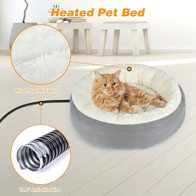BWOGUE Heated Cat Bed for Indoor Cats,19'' Donut Detachable Heated Pet Bed Thermo-Kitty Heating Bed,Electric Warming Cat Bed Heater with Timer, Washable pet Heating Bed - PAWPICO