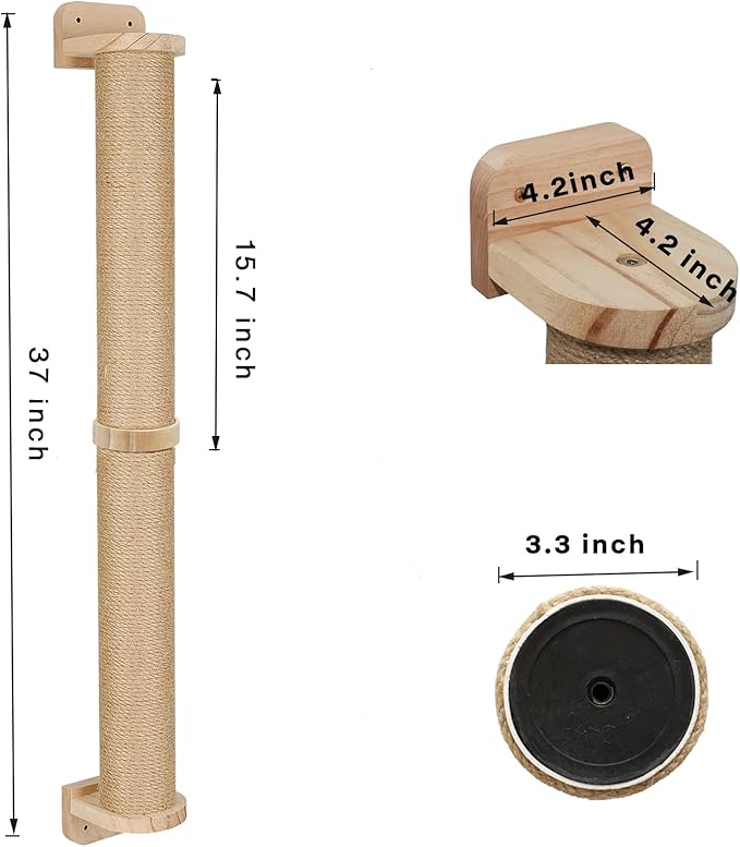 2 Tier Cat Wall Wood Sisal Scratching Post for Indoor - 37 inch Tall- Vertical or Horizontal Wall Mounted Cat Scratcher, Cat Scratching Board, Cat Activity Trees Cat Wall Furniture Shelves - PAWPICO