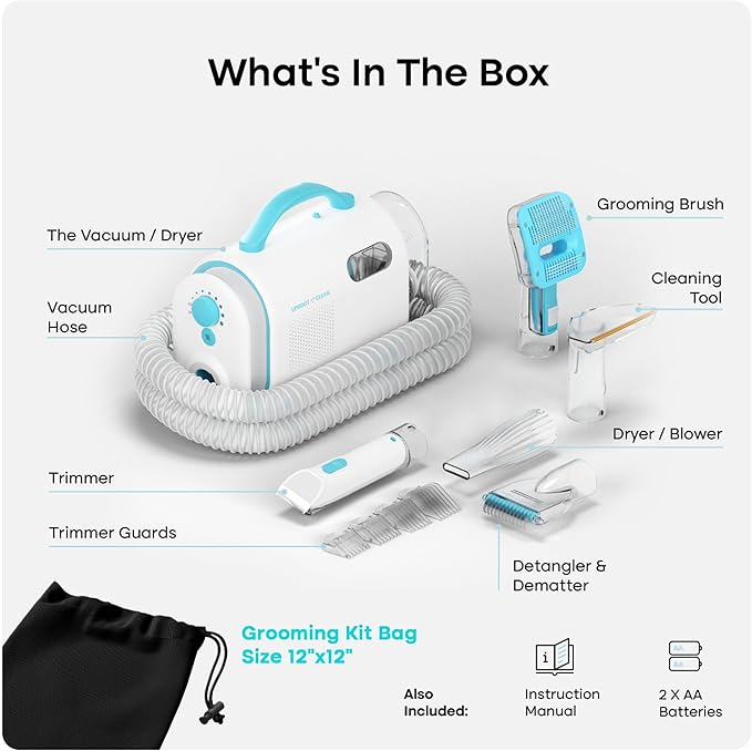 Uproot Clean Pet Grooming Vacuum Kit 7 in 1 - Cat & Dog Hair Vacuum Groomer with Brush, Detangle, Deshed, Trim, Clean, & Dry Attachments - Complete Cat & Dog Grooming Vacuum for Shedding Pets - PAWPICO