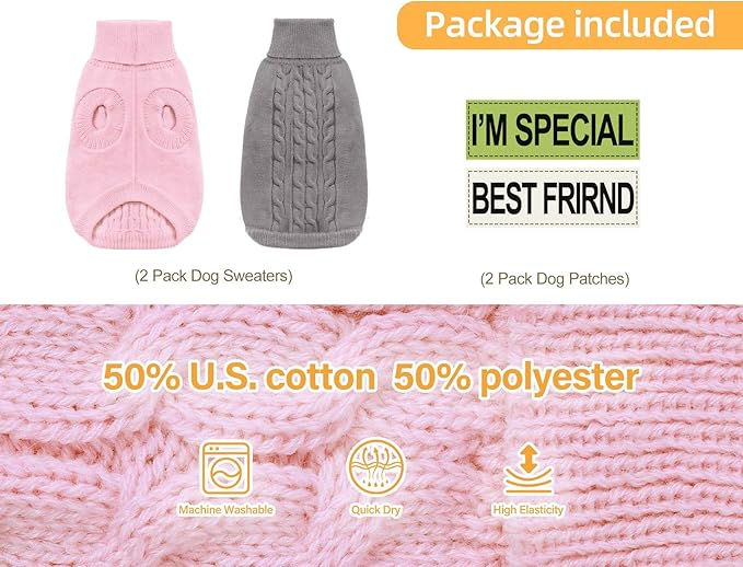 2 Pack Dog Sweaters for Small Dogs - Puppy Medium Warm Clothes in Winter, Turtleneck Pullover Design for Boy Girl Pet, Doggie, Cat, Kitten Chihuahua Bulldog Pug Beagles (M, Grey, Pink) - PAWPICO