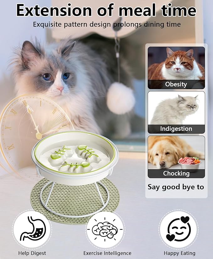 Raised Cat Dog Slow Feeder Bowl with Stand,Elevated Cat Food Bowl Shallow Design,Slow Down Eating Speed of Pets,No Whisker Fatigue Ceramic Cat Puzzy Feeder, Against Bloat,Indigestion, Easy to Clean - PAWPICO