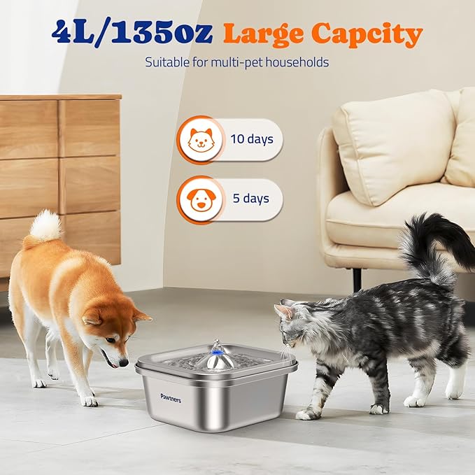 Cat Water Fountain Stainless Steel: 4L/140oz Pet Fountain Water Bowl Indoor, Automatic Dog Drinking Dispenser, Cat Feeding Watering Supplies, Metal Kitty Waterer Fountain, 10 Replacement Filters - PAWPICO