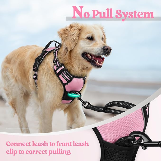 rabbitgoo Dog Harness No Pull with 2 Leash Clips, Adjustable Soft Padded, Reflective Oxford No Choke Pet Vest with Easy Control Handle for Large Dogs, Pink, L rabbitgoo