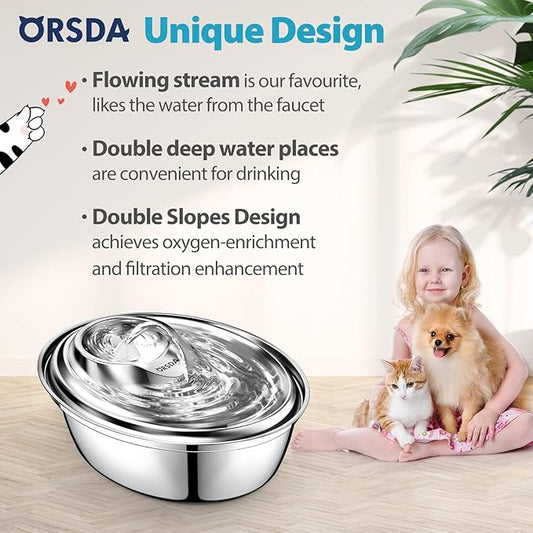 ORSDA Cat Water Fountain Stainless Steel, 2L Pet Fountain for Cats Inside, Dog Water Dispenser, Automatic Cat Drinking Fountains with 6 Replacement Filters for Cats, Small Dogs - PAWPICO