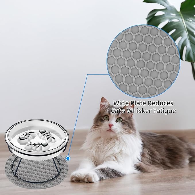 Cat Slow Feeder, Elevated Cat Food Bowl Raised Design, Dog Slow Feeder Bowl with Metal Stand, No Black Chin, Anti Vomit, Shallow Whiksker Friendly for Wet and Dry Food for Indoor Cat - PAWPICO