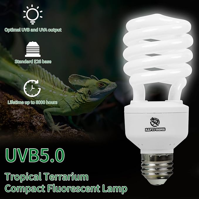 UVB Reptile Light 5.0, 13W Tropical and Sub-Tropical UVA UVB Bulb for Reptiles, Tropical Terrarium Compact Fluorescent Lamp, Reptile UVB Light Bulb for Chameleons, Iguanas and Turtles REPTIHOME
