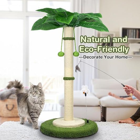 Cat Scratching Post, 37.4 Inch Tall Scratching Posts for Indoor Cats, Sisal Rope Scratching Post with Hanging Ball, Cat Scratcher Post for Large Cat & Kitten with Feather Toy - PAWPICO