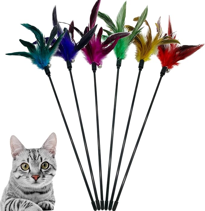 Cat Wand Toy Feather Stick Cat Toys, 6 PCS Cat Feathers Wand Toy, Interactive Cat Toy Feather Wand for Indoor Cats - PAWPICO