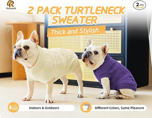 2 Pack Dog Sweaters for Small Dogs - Puppy Medium Warm Clothes in Winter, Turtleneck Pullover Design for Boy Girl Pet, Doggie, Cat, Kitten Chihuahua Bulldog Pug Beagles (S, Purple, Beige) - PAWPICO