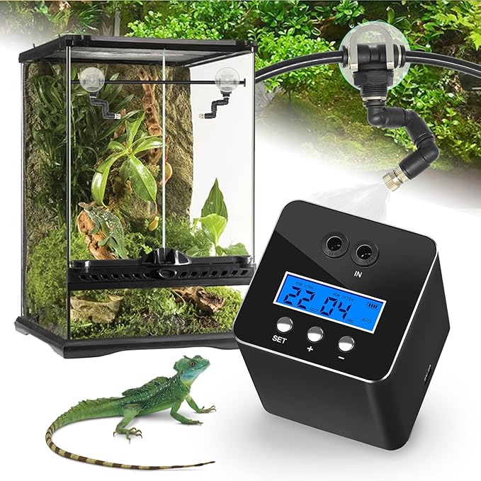 Reptile Mister System, Reptile Humidifier for Terrariums, auto Mister with 2 Spray Nozzles for Reptiles,Snakes,Frogs,Plants RUNWUSHENG