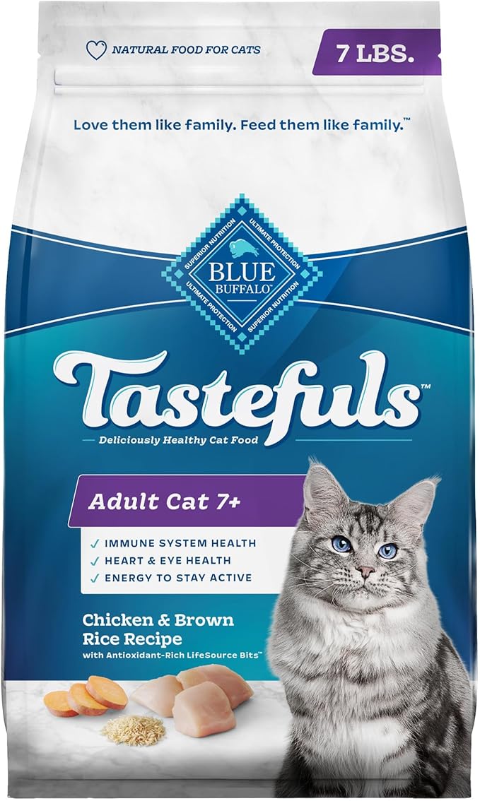 Blue Buffalo Tastefuls Natural Dry Food for Adult Cats 7+, Chicken & Brown Rice Recipe, 7-lb. Bag - PAWPICO