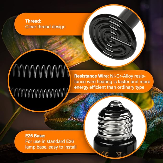 HealSmart Reptile Heat Lamp 100W 2-Pack Ceramic Heat Emitter, No Light Emitting Heat Bulbs for Amphibian Pet Brooder Coop Incubating Chicken, Lizard Bearded Dragon Turtle Snake Terrarium Black HealSmart