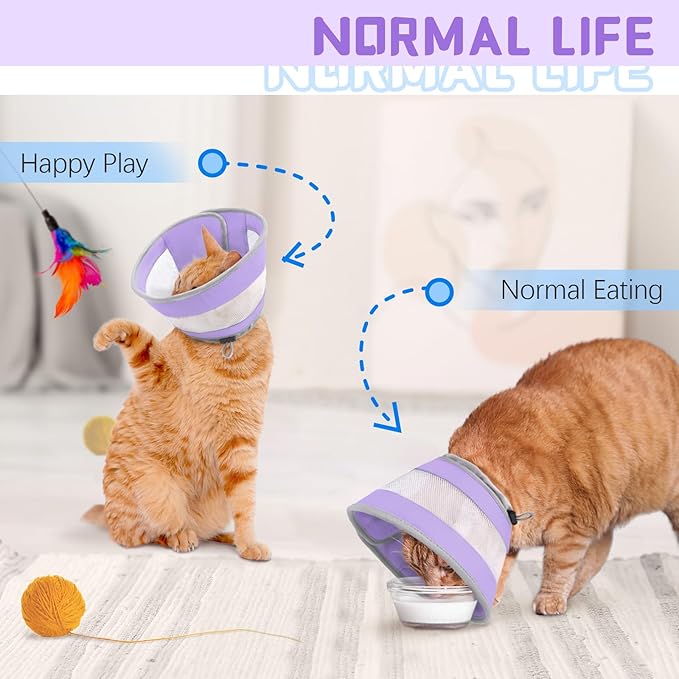 Cat Cone, Breathable Cat Cone Collar Soft, Adjustable Cat Cone to Stop Licking, Water Resistant Neck Cone for Cats with Air Mesh, Protective Cat Recovery E Collar for Cat Kitten(Purple,S-2 GoGoPaw