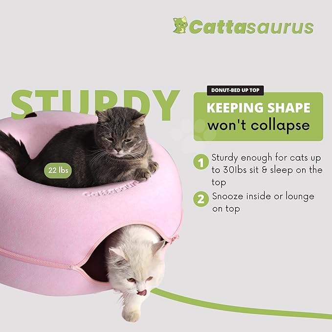CATTASAURUS Peekaboo Cat Cave for Multiple & Large Cats Up to 30-45 Lbs, Scratch Detachable & Washable Tunnel Bed, Comfy Donut Cat Cave (Pink, Large) - PAWPICO