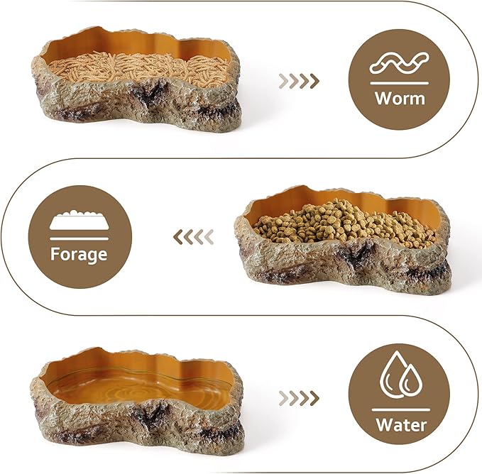 Reptile Food Water Rock Bowls - Resin Rock Worm Feeder Dish, Amphibian Feeding Bowl Terrarium Decor for Lizards, Chameleon, Leopard Gecko, Frog, Bearded Dragons, Snake, Hermit Crabs, Turtle Spider Pet HELIME