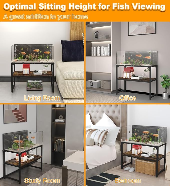 30 Gallon Rimless Fish Tank Stand with Shelf for Storage, 2 Tiers Metal Aquarium Stand, Breeder Tank Turtle Reptile Terrariums Stand Rack for Home Office, 30" L x 12" W x 20.5" H, Black Mondazie