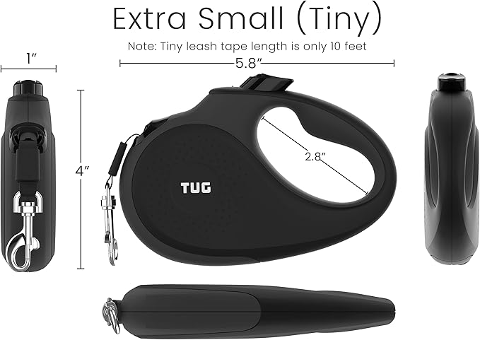 TUG Tiny 360° Tangle-Free Retractable Dog Leash with Anti-Slip Handle | 10 ft Nylon Tape | One-Handed Brake, Pause, Lock (Black/Grey) TUG