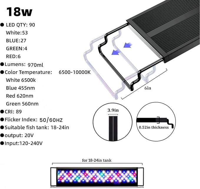 14w led Aquarium Light,Sunrise/Daylight/Moonlight, DIY Mode, Adjustable Timer/Color Temperature/Brightness, Full Spectrum, Aluminum Alloy Fish Tank Light for 18-24 inch VISTALUM