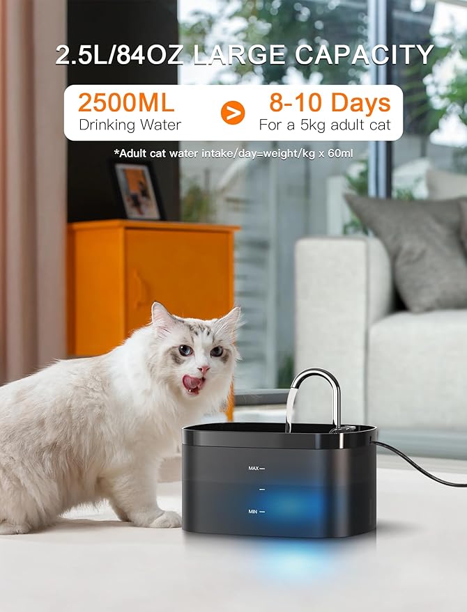 Cat Water Fountain, 84OZ/2.5L Cat Fountain, Super Silent Pet Water Fountain, Activated Carbon Filter, Translucent Pet Water Dispenser Suitable for Multiple Pets Family (Black+4Filters+4Sponges) - PAWPICO