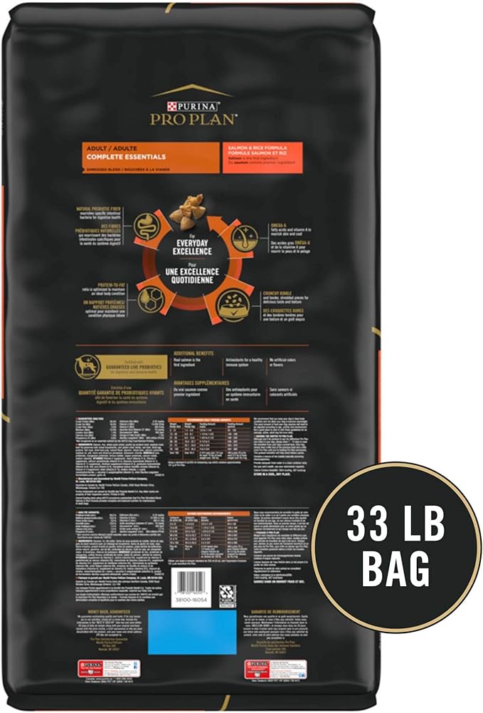 Purina Pro Plan Complete Essentials Shredded Blend Salmon and Rice Dog Food Dry Formula with Probiotics for Dogs - 33 lb. Bag - PAWPICO