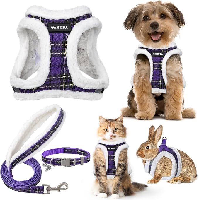 GAMUDA Small Dog Harness Collar and Leash Set, Step in No Chock No Pull Soft Mesh Adjustable Dog Vest Harnesses Plaid Reflective for Dogs Puppy Cats Kitten Rabbit (Warm Purple, XL) GAMUDACollarsCollection