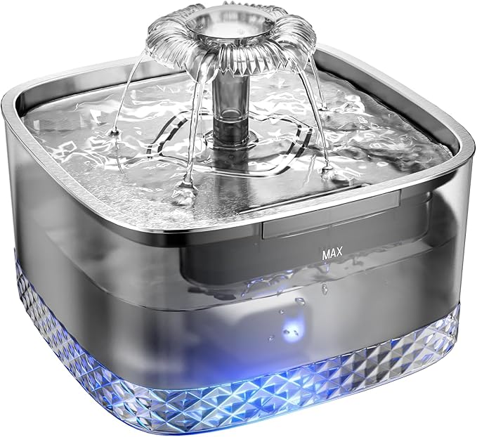 Cat Water Fountain: 75oz/2.2L Automatic Pet Water Dispenser for Cats, 304 Stainless Steel Water Tray, Cat Water Bowl Dispenser, Super Silent Pet Water Fountain for Cats Inside, Pump with LED Light - PAWPICO