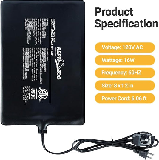 REPTI ZOO 8" X 12" Reptile Heat Pad Fast Heating Pad with Adjust Knob 16W Reptile Heat Mat for Turtles/Hermit Crabs/Bearded Dragons/Leopard Geckos/Snakes/Lizards, and Seed Germination REPTIZOO